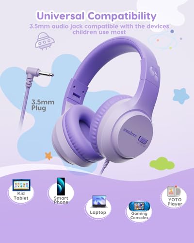 awatrue Kids Headphones for School, 74‑85‑94dB, 3.5mm Jack, HK07 | Foldable Wired Over Ear Headphones, for Toddler School/Travel/iPad/Tablet, Purple - color: Purple