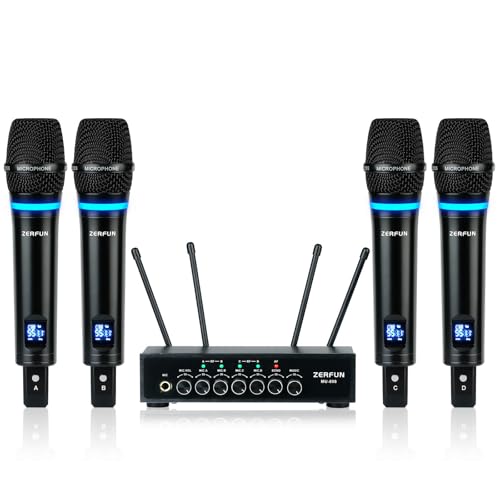 4 Channel Rechargeable Wireless Microphone System, Pro UHF Metal Handheld Wireless Microphones Cordless Mics with Echo Bluetooth VOL Channel Control for Karaoke Singing Church(MU-898)