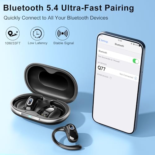 Qecnato Open Ear Headphones, Bluetooth 5.4 Earbuds, 50H, Air Conduction Ear Buds, HD Stereo Bass Over Ear Earphones with Earhooks, Ultra-Comfort Secure Fit, IPX7 Waterproof Headset for Working Sports | Air conduction, HD stereo bass, over-ear earhooks for