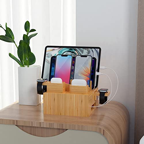 Pezin & Hulin Multiple USB Charging Station Including Charger HUB, 5 Cables | Wooden Bamboo Dock Station for Cell Phones, Tablets, Earpods and Smart Watch -Natural Bamboo
