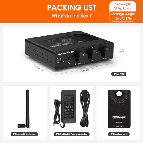 Douk Audio 2 Channel Bluetooth Amp: HiFi Stereo Amplifier | 300W×2 TPA3255 | Class D PFFB | Bass Treble Control | Headphone Out for Home Theater, Bookshelf Speakers (48V PSU)