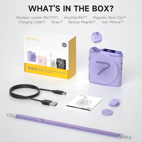 7RYMS WA2 Wireless Voice Amplifier for Teachers with Magnetic Lavalier Mic, Wireless Portable Amplifier with Noise Canceling, Mini Voice Amplifier for Classroom, Meeting, Training, Speech (Purple) - color: Purple