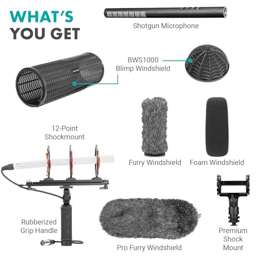Movo Shotgun Blimp Microphone Bundle - Powerful XLR Microphone for Camera - Video Mic for DSLR Camera Accessories - Shotgun Mic Grip for Boom Mic - Blimp with XLR Cables - Pro Video Equipment