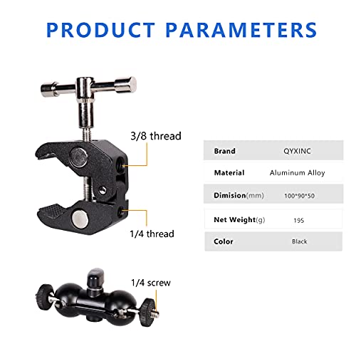 Cool Dual Ball head Magic Arm Adapter Camera Clamp Mount Super Clamp with 1/4 and 3/8 Thread, for DSLR Camera Rig, LED Light, Flash Light, Action Cam, 2Pack