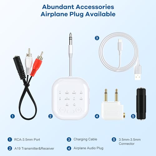 Bluetooth 5.2 Transmitter Receiver, Aptx HD, Aptx Low Latency Audio Adapter for Airplane, TV, Gym, White - color: White