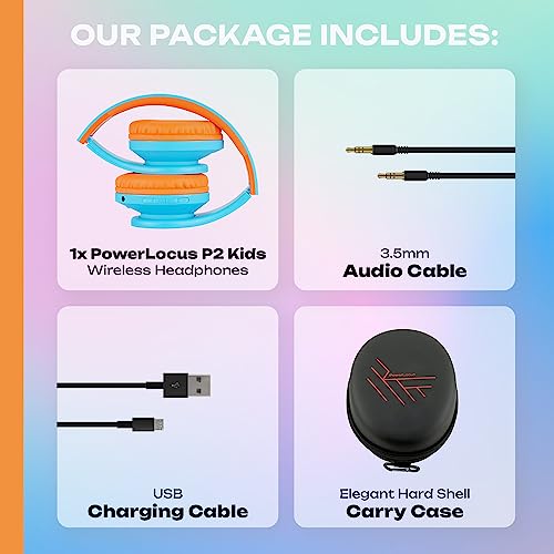 PowerLocus Kids Headphones Over-Ear, Bluetooth Wireless Headphones for Kids,with Microphone, Safe 85DB Volume Limited, Foldable with Carry Case, Audio Cable, Micro SD mode for Online Classes,PC,Phones - color: Blue/Orange