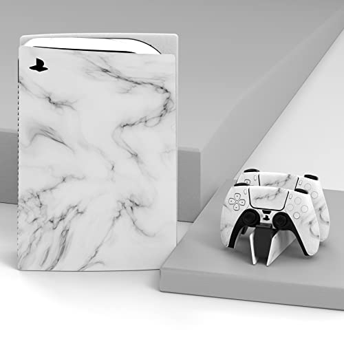 PlayVital Seamless White Marble Full Set Skin Decal for ps5 Console Disc Edition, Sticker Vinyl Decal Cover for ps5 Controller & Charging Station & Headset & Media Remote - color: Seamless White Marble