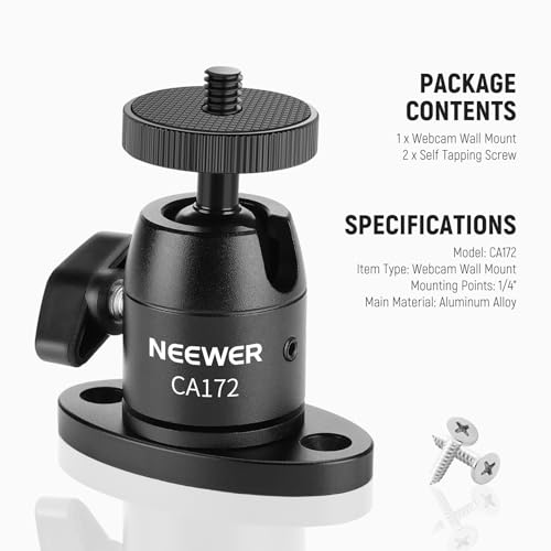 NEEWER Webcam Wall Ceiling Mount Bracket, Aluminum Alloy Mini Ball Head & 1/4" Screw for Photo Studio Photography Video Recording Action Camera Accessories, 360° Rotation & 90° Tilt, CA172 - style: CA172