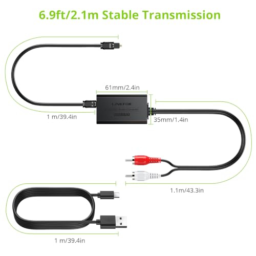 LiNKFOR 192kHz SPDIF Toslink to RCA DAC Converter, 2.1m Cable | Digital-to-analog audio adapter supports Dolby AC-3 and DTS 5.1 channel audio decoding - style: SPDIF to RCA 5.1ch