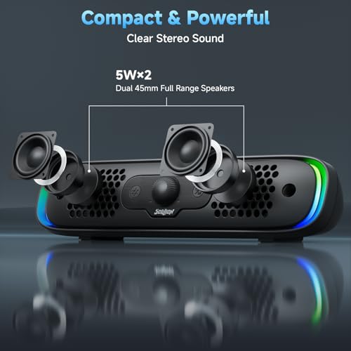 SOULION Computer Speakers, Wired USB Powered Bluetooth Sound bar for PC | USB Powered, Plug-N-Play, Rotary Control, 4 Dynamic Light Modes for Desktop Laptop Monitor Office Work Music