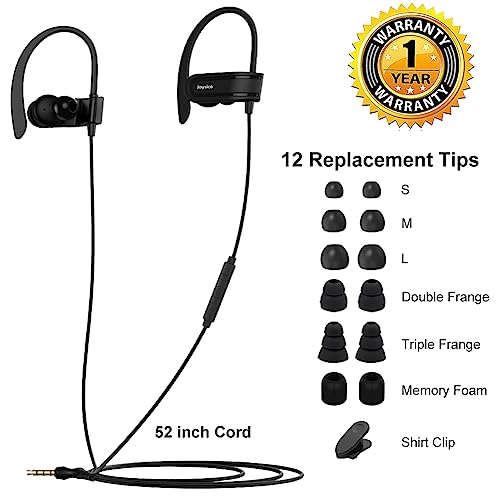 Joysico Wired Over Ear Earbuds Headphones with Mic and Volume Control Black | Wrap Around Ear Hook Secure Fit, 6 Sizes Tips, Earphone Case, Sport Running Workout Sweatproof, For Cellphones Laptop Tablets