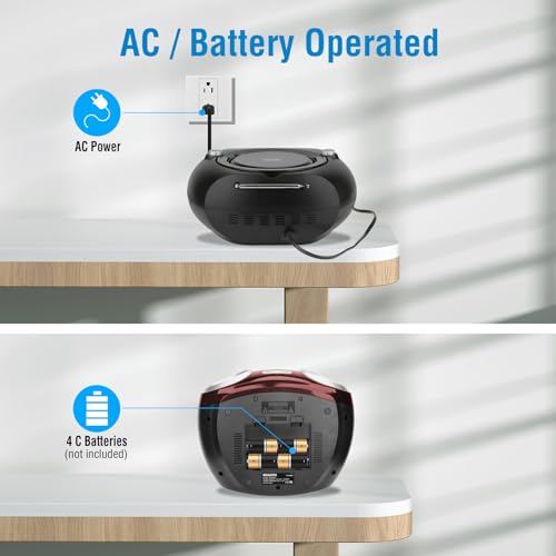 MEGATEK Portable CD Player Boombox with Bluetooth & FM Radio – Cherry Red | USB Playback, Clear Stereo Sound, AUX Input, Headphone Jack, CD-R/RW & MP3-CD Support, LCD Display, AC/Battery Powered - color: Cherry Red