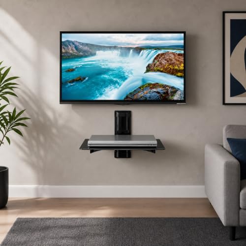 Mount-It! Floating TV Shelf, Tempered Glass, Aluminum Frame, Black - style: 1-shelf