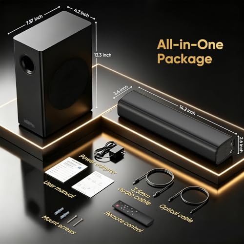 Sound Bar with Wired Subwoofer for TV, 70W 2.1 Channel Soundbar | 14" Compact Design, Deep Bass, Surround Sound System, Bluetooth 5.3, Optical/AUX, Home Theater System for TV, PC & Gaming