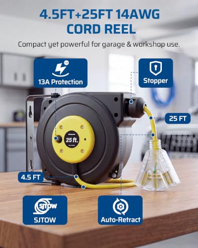 DEWENWILS 25FT Retractable Extension Cord Reel, 3-Outlet,14/3C SJTOW Cable - color: 25 Ft 14awg Yellow