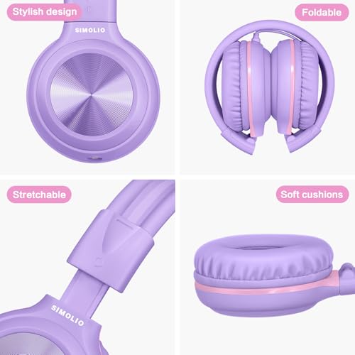 SIMOLIO Kids Wired Headphones with Mic, USB C & 3.5mm, 3-Level Safe Volume, Share Port & Pouch, Stereo Sound& Passive Noise Cancelling, Foldable Over Ear Headsets for Tablet Kindle iPhone iPad Travel - color: Dreamy Lavender USB C&3.5mm