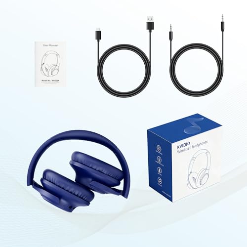 KVIDIO Bluetooth Headphones Over Ear, 65 Hours Playtime Wireless Headphones with Microphone, Foldable Lightweight Headset with Deep Bass, HiFi Stereo Sound Low Latency for Travel Work Cellphone - color: Blue