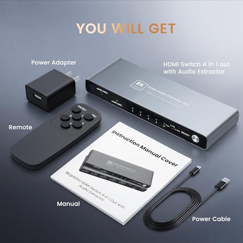 HDMI 2.1 eARC Switch 4 in 1 Out, 4K@120Hz 8K@60Hz Audio Extractor w/Remote | Supports CEC,Optical SPDIF, 3.5mm AUX Audio Output, VRR, ALLM, HDR and HDCP2.3 for PS5, Xbox and 8K Displays