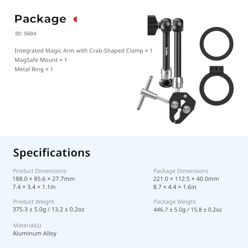 SMALLRIG Magic Arm Clamp, Phone Mount for Magsafe & Magnetic Adapter Ring | 11 Inches Camera Mount for iPhone, for Android, for Action Cameras/LCD Monitor/LED Lights - size: 11''+phone mount