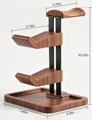 LOXP Walnut Headphone and Controller Stand, 2-in-1 Holder with Storage | Solid Wood Gaming Headphone Stand, Built-in Storage, Non-Slip, Fits Xbox PS5 Switch Controllers, Desktop Organizer for Gamers