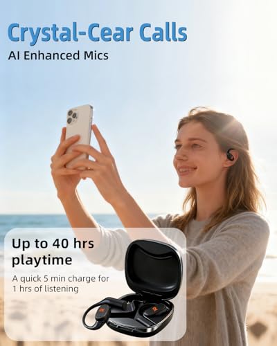 Open-Ear Earbuds,True Wireless Bluetooth Headphones with Microphone | Ultra-Lightweight Earphones, Comfort Hook Design, Clear Calls,IPX5 Water Resistant,Fast Charging,Black,V49