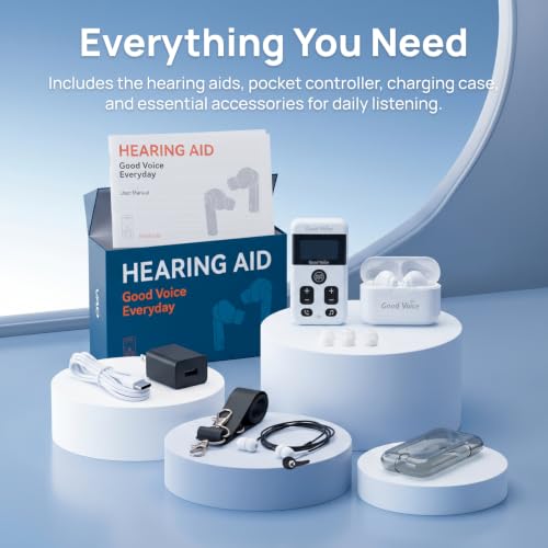 OKB Hearing GV-SA0360 OTC In-Ear Hearing Aid, True-Wireless with Pocket Controller Ear-Extension for TV & Meetings, Dual-Mode Noise Reduction, Charging Case, Bluetooth 5.2, Adults 18+ (Polar White)