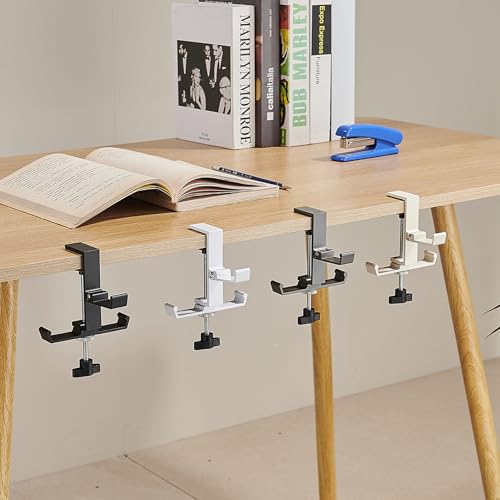 Heavyrain Desk Edge Hook Hanger, No Drilling Headphone Holder with 3 Hooks, Black Metal Clamp-On Organizer for Bags, Backpacks, Headsets (1, Black) - color: Black