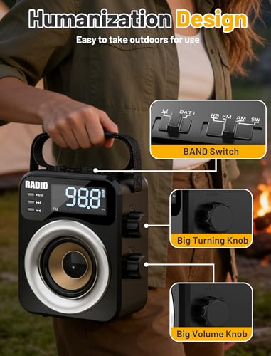 Portable AM/FM/WB/SW Radio, 4000mAh Rechargeable & 3×D Cell Battery Powered | Bluetooth Digital Radios 10W Speaker,TF/USB Playback,LCD Display Weather Alert For Home Outdoor Emergency