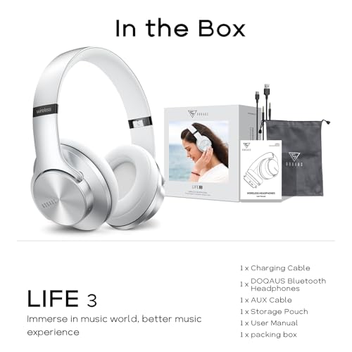 DOQAUS Bluetooth Headphones Over Ear, 90H Playtime, 3EQ Mode, with ENC Mic | Hifi Stereo Sound, Lightweight, Headphones Wireless with Soft Memory Foam Earpads, Deep Bass for Home Office Cellphone PC - color: Sliver