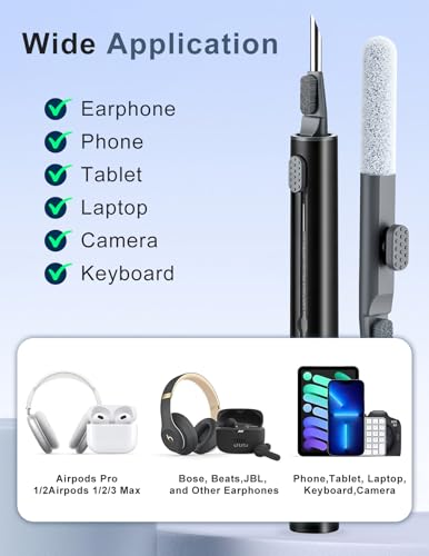 Cleaner Kit for Airpods, Earbuds Cleaning kit for Airpods Pro 1 2 3, Phone Cleaner kit with Brush for Bluetooth Earbuds Cleaner, Wireless Earphones,iPhone,Laptop, Camera (Black) - color: Black