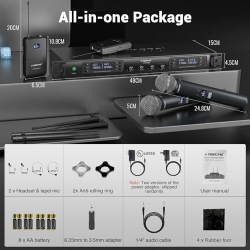 Phenyx Pro 4-Channel UHF Auto Scan Wireless Microphone System PTU-7000-2H2B | 2 Handheld Mics, 2 Bodypacks, Headset/Lapel Mics, 4 x 40 Frequencies, 328 ft, Mics for speaking, church, wedding, meeting