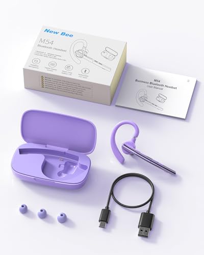 New Bee Bluetooth Headset V5.1 72H Talk Dual Mic with Mute Button for Business, Wireless Hand-Free Bluetooth Earpiece with 500mAh Charging Case for Cell Phone Calls Trucker Driver - color: Purple, style: M54