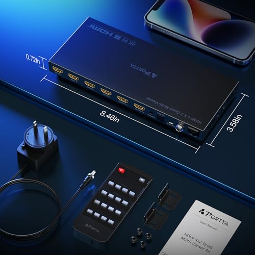 4K HDMI Multiviewer Switch 4x2 with PIP, PORTTA Quad Multi Viewer Seamless Switcher 4 in 2 Out with Toslink, 3.5mm Audio Output Support 4K 30Hz, 6 Viewing Modes, Downscaler for PS4/PC/DVD - size: Multiviewer 4x2 4K@30Hz