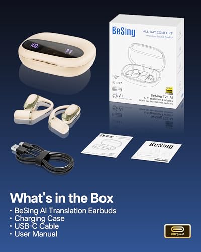 AI Translation Earbuds Real Time, 4-in-1 Open Ear Earbuds for Travel | 178 Languages Translator Ear Buds for Meeting Learning, Audifonos Traductores Inglés Español, IPX7, Clear Calls, 50H Playtime