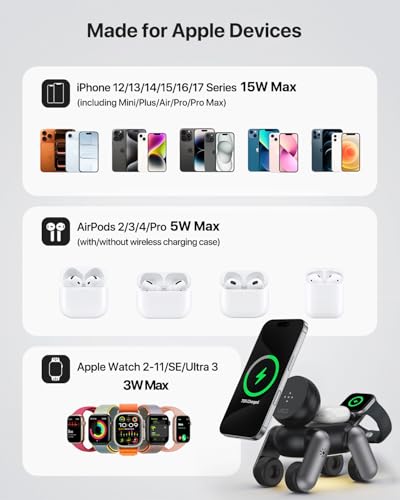 UEQ 3 in 1 Wireless Charging Station for Apple Devices,Foldable Cute Magnetic Mag-Safe Wireless Charger Stand with Night Light for iPhone 17 Air 16 15 14 13 12 Series,AirPods 4 3 2 Pro,Apple Watch - color: Black