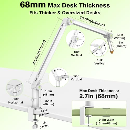 AA AUDIO ACCESSORY Never-Sag 950mm White Mic Boom Arm, 6.6lbs Load Capacity - color: White