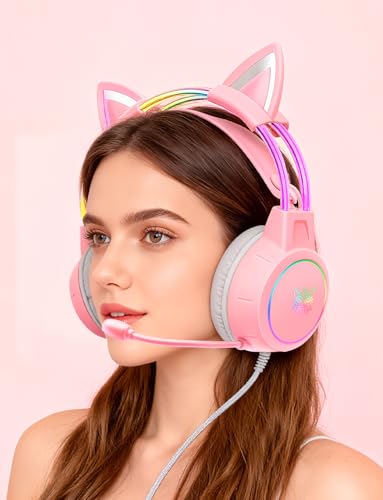 Lightweight Gaming Headset, RGB Lighting, Wired Over Ear Headphones with Mic for PC Laptop PS4 PS5 Switch, Stereo Surround Sound, Self-Adjusting Headband, Pink Cat Ear - color: Pink Cat Ear