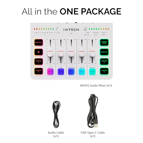 IXTECH Gaming Audio Mixer 4 Channel Soundboard, Streaming RGB PC Audio Interface with XLR Microphone Support, Audio Equalizer for Gaming Podcast Streaming Karaoke, Individual Volume Controls (White)