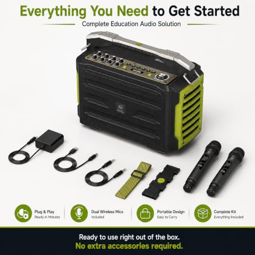 WinBridge 200W Portable PA System with 2 Wireless Microphones, K600 Pro | Battery Powered Bluetooth Speaker, Covers 150+ People, Guitar Input, Ideal for Schools, Churches, Weddings & Outdoor Events