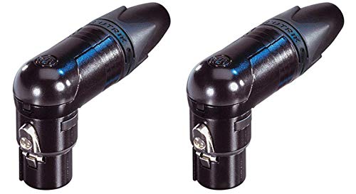 2 Neutrik NC3FRX-B Right Angle 3 Pin Female Cable Mic Connector Black/Gold | Right angle 3-pin female XLR connectors feature gold contacts and a black shell for low-profile microphone cabling.