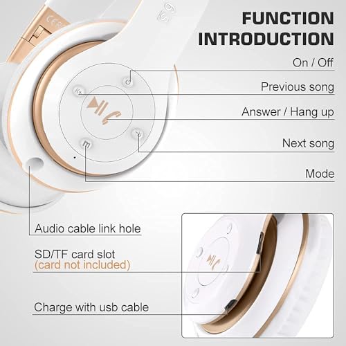 6S Bluetooth Headphones Over-Ear, Hi-Fi Stereo Foldable Wireless Stereo Headsets Earbuds with Built-in Mic, Volume Control, FM for iPhone/Samsung/iPad/PC (Blue) - color: White & Gold