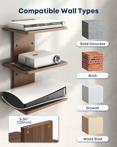 Floating TV Projector Shelf Wall Mount - 3 Tier Wooden Shelf, Walnut Brown | Home Decor, Cable Management, DVD Player, Router, Game Console, Cable Box, Play Station, Holds Up to 22lbs per Shelf - size: 3-Tier Shelf