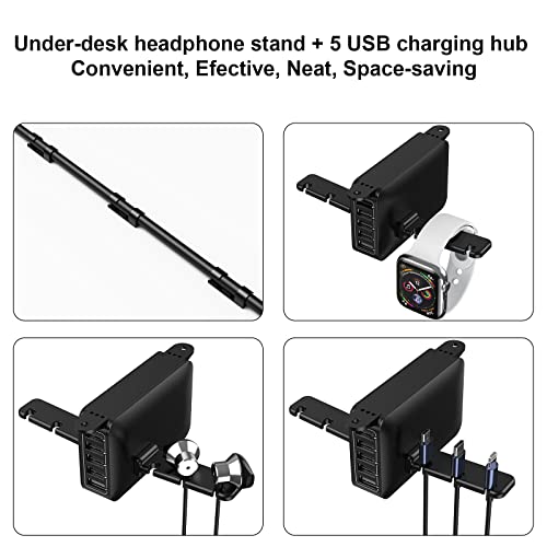 PC Gaming Headphone Headset Holder Hanger Hook, Dual Headphone Stand Under Desk with 5 Ports USB Charging Station, Suitable for Gamer Earphone Accessories as Boyfriend, Son, Husband Gifts
