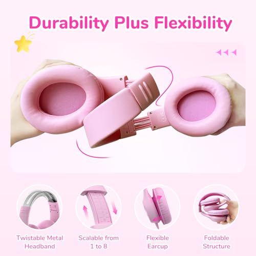 EarFun K3 Kids Headphones, Over Ear Headphones with Microphones, 85/94dB Safe Volume Limit, HD Stereo Sound, 3.5mm Jack, Foldable Wired Headphones for School/Travel/Boys/Girls/Tablet/iPad, Pink | Built-in Mic, 85/94dB Volume Limit, HD Stereo Sound, 3.5mm