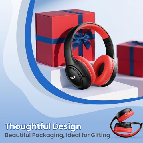 Acer Kids Headphones for School, 85-94dB Limiter, 3.5mm Jack, w/Mic HK03 | Foldable Wired Over Ear Headphones, for Toddler School/Tablet/iPad/PC/Travel, Black-Red - color: Black Red