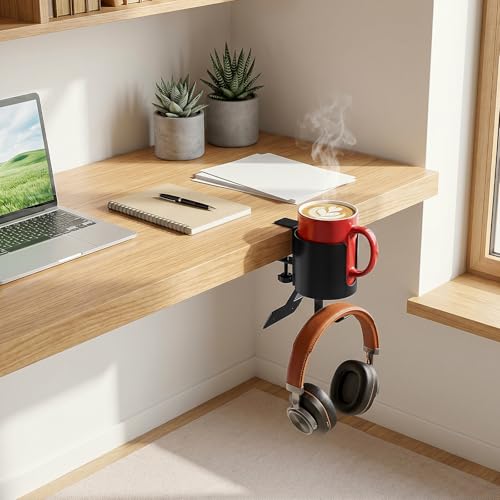 3 in 1 Desk Cup Holder Clamp, Clip On Table Cup Holder with Headphone Hook | Rotatable Water Bottle Drink Coffee Mug Organizer with Power Strip Holder, Gaming Accessories for Home and Office - color: With Power Strip Holder