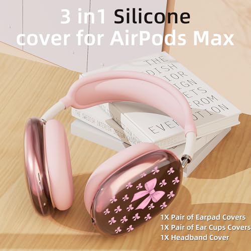 Cute Pink Bowa Clear Case for Airpods Max Headphones Stylish Girl Pattern Soft TPU Ear Cups Cover Anti-Scratch Silicone Ear Pad Protective Case Kawaii Headband Cover for Apple Airpods Max - color: Pink bow A