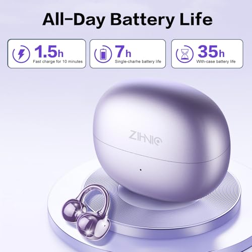 ZIHNIC S26 Wireless Clip on Earbuds, Open Ear Wireless Bluetooth 5.4 Headphones with Mic, IPX5 Waterproof, 35Hr Play time, Light Weight -Purple - color: Purple