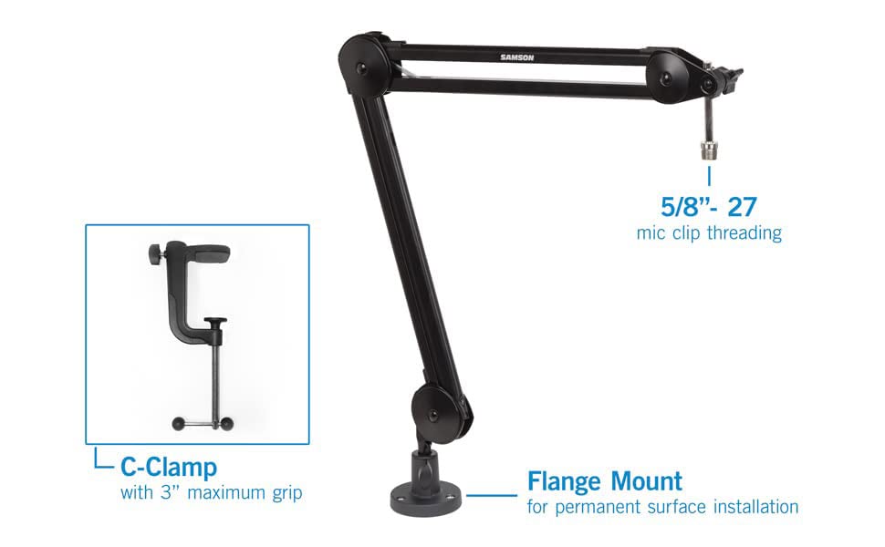 Samson MBA38 38" Microphone Boom Arm Studio Podcast USB Mic Stand w/Desk Clamp