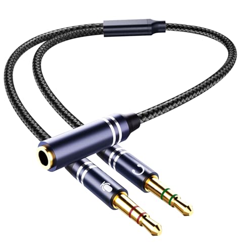Braided Headphone Splitter for Computer, 3.5mm Female to 2 Dual 3.5mm Male Earphones Port, Mic Y Audio Splitter Cable Compatible with Headset Microphone Gaming Computer Speaker Laptop(35cm / 14in)
